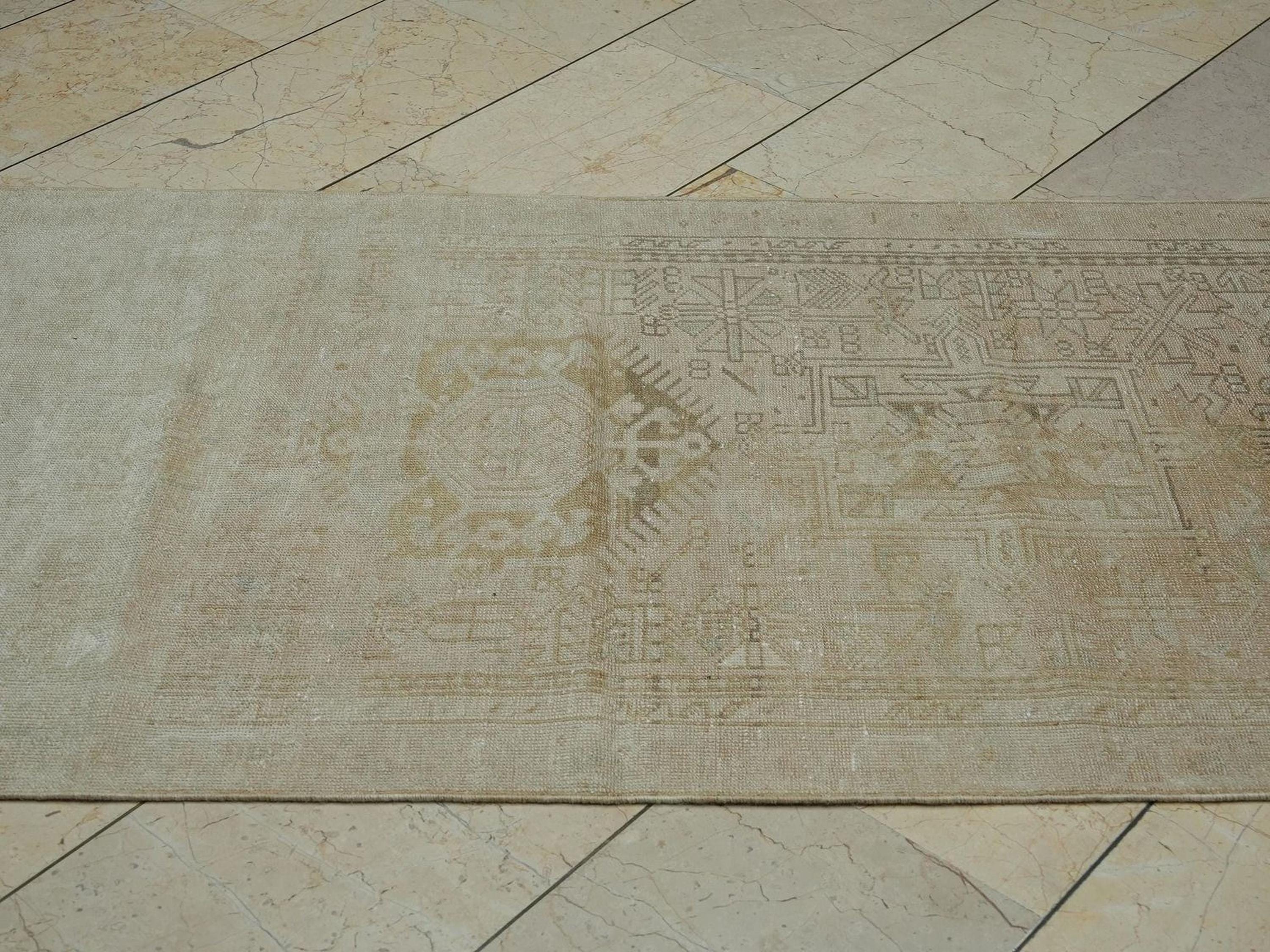 Vintage Turkish Rug Runner: 3x12 Beige Brown Area Wool Carpet Rugs