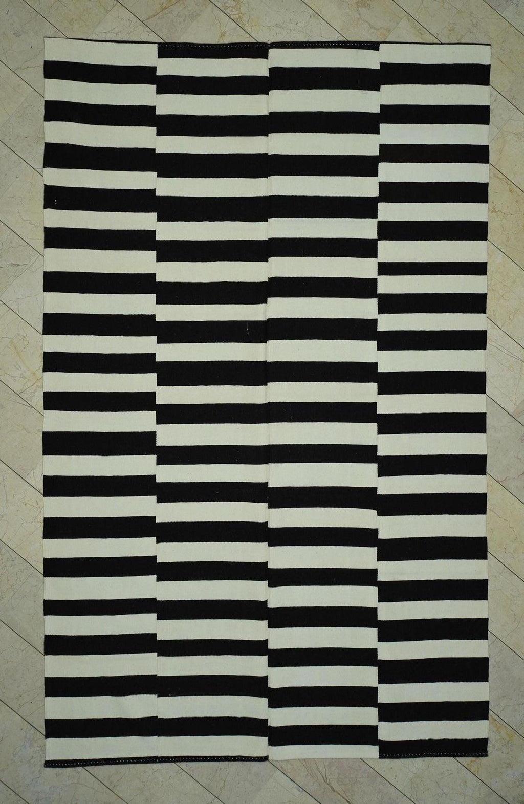 7.5x12 Contemporary Turkish Kilim Rug: Seasonal Decor Dark Brown & Cream Striped Wool Rugs.
