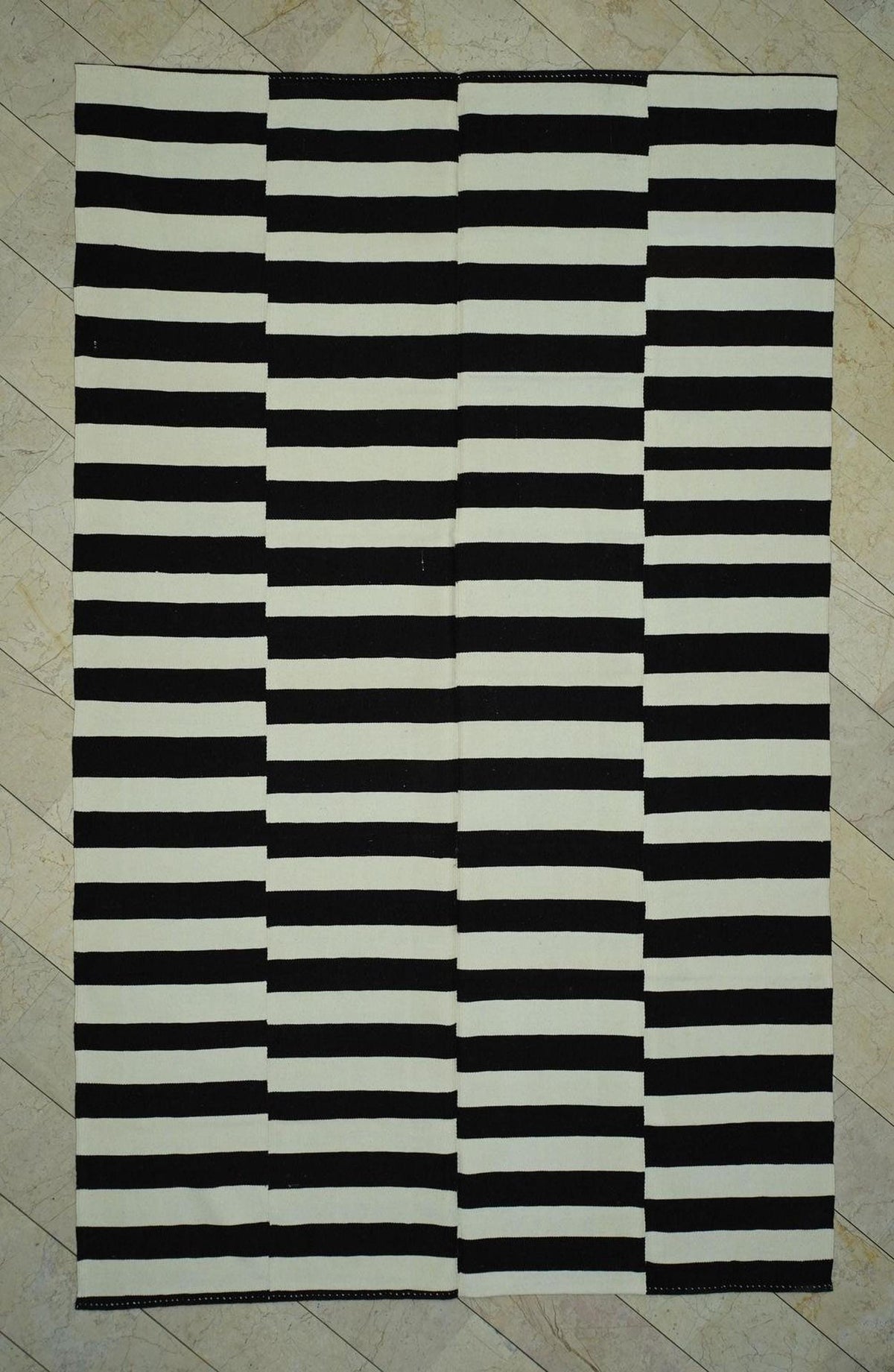 7.5x12 Contemporary Turkish Kilim Rug: Seasonal Decor Dark Brown & Cream Striped Wool Rugs.