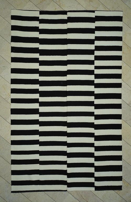 7.5x12 Contemporary Turkish Kilim Rug: Seasonal Decor Dark Brown & Cream Striped Wool Rugs.
