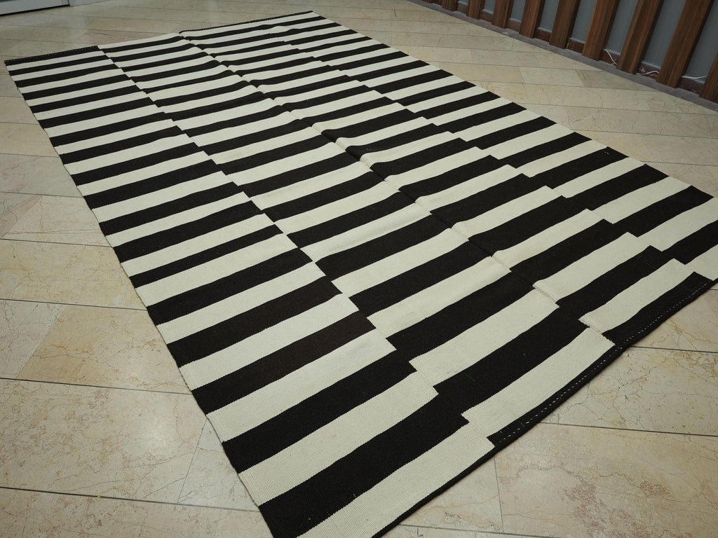 7.5x12 Contemporary Turkish Kilim Rug: Seasonal Decor Dark Brown & Cream Striped Wool Rugs.