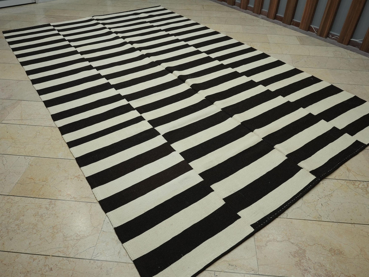 7.5x12 Contemporary Turkish Kilim Rug: Seasonal Decor Dark Brown & Cream Striped Wool Rugs.