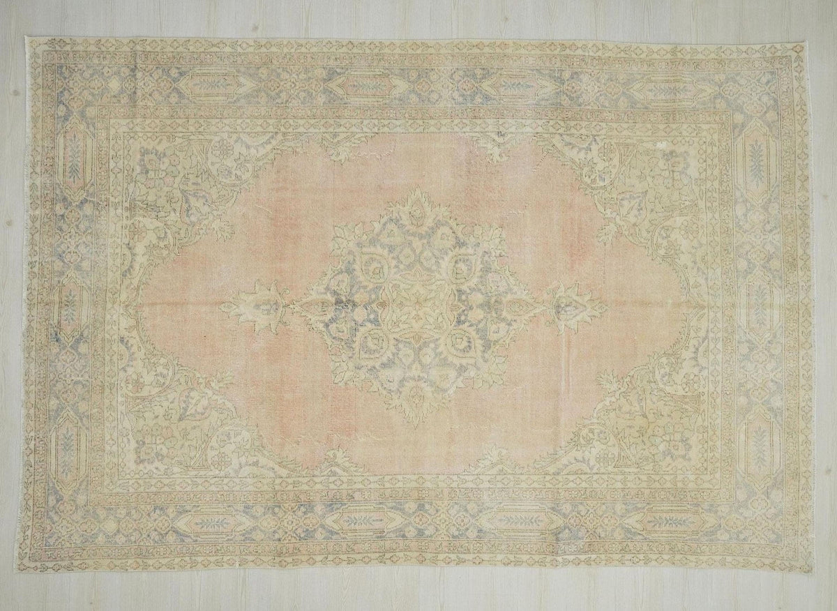 Vintage Handwoven Oushak Rug: Large Turkish Carpet, Bohemian Home Living Rugs 7"x10,4" Feet.