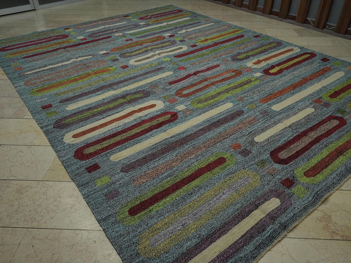 9x12 Contemporary Modern Decor Turkish Kilim Rug: Multi Colors Striped Flat Weave Rugs.