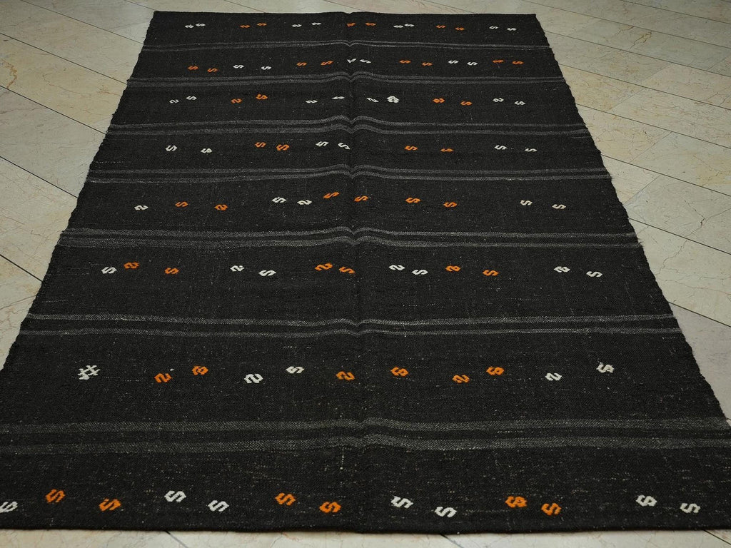 Vintage Brown Goat Hair Kilim Rug: 4.9x9.3 Feet,Turkish Anatolian Rugs