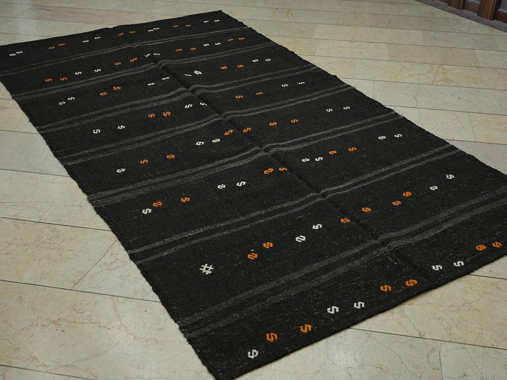 Vintage Brown Goat Hair Kilim Rug: 4.9x9.3 Feet,Turkish Anatolian Rugs