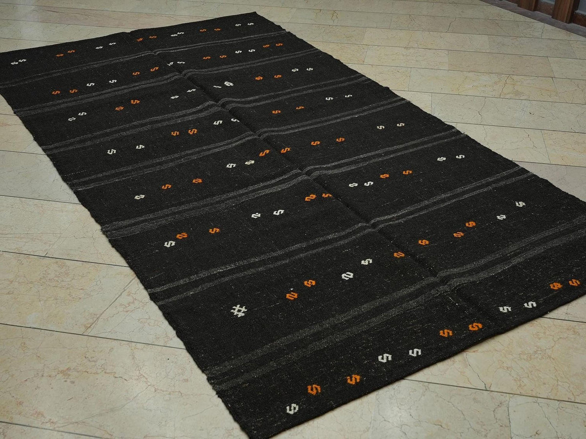 Vintage Brown Goat Hair Kilim Rug: 4.9x9.3 Feet,Turkish Anatolian Rugs