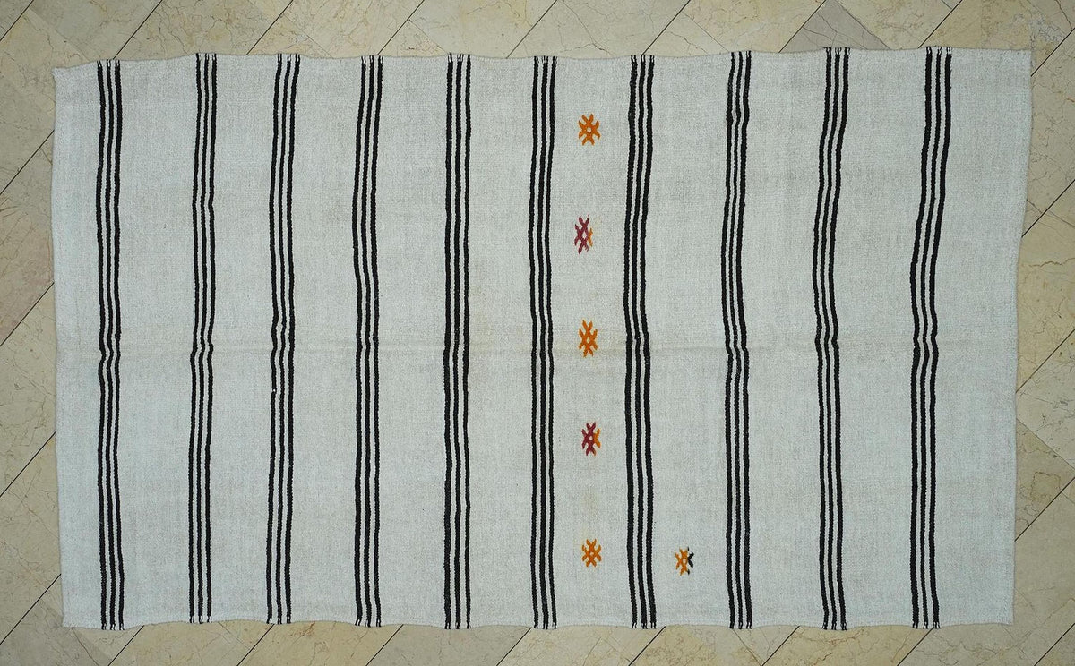 Vintage Turkish Hemp Kilim Rug: 5.8x9.7 ft,Stripe Handmade Moody Decor Rugs.