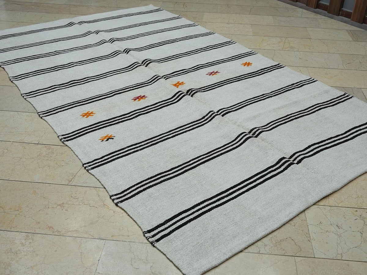 Vintage Turkish Hemp Kilim Rug: 5.8x9.7 ft,Stripe Handmade Moody Decor Rugs.