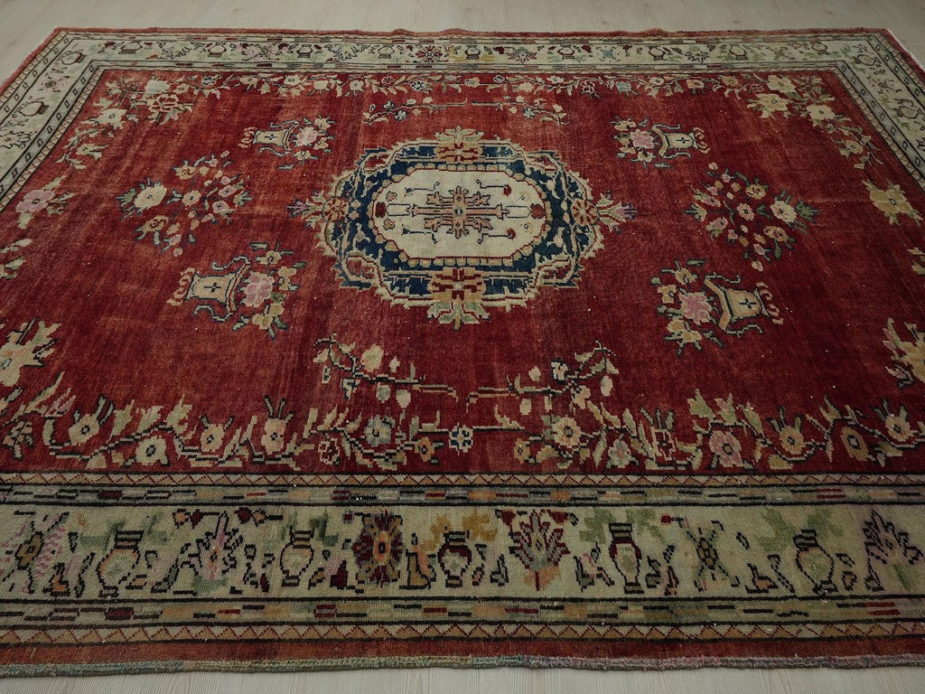 1940s Antique Turkey Malatya Rug: 8x11 Handwoven Wool Double Knot Area Red & Blue Rugs.