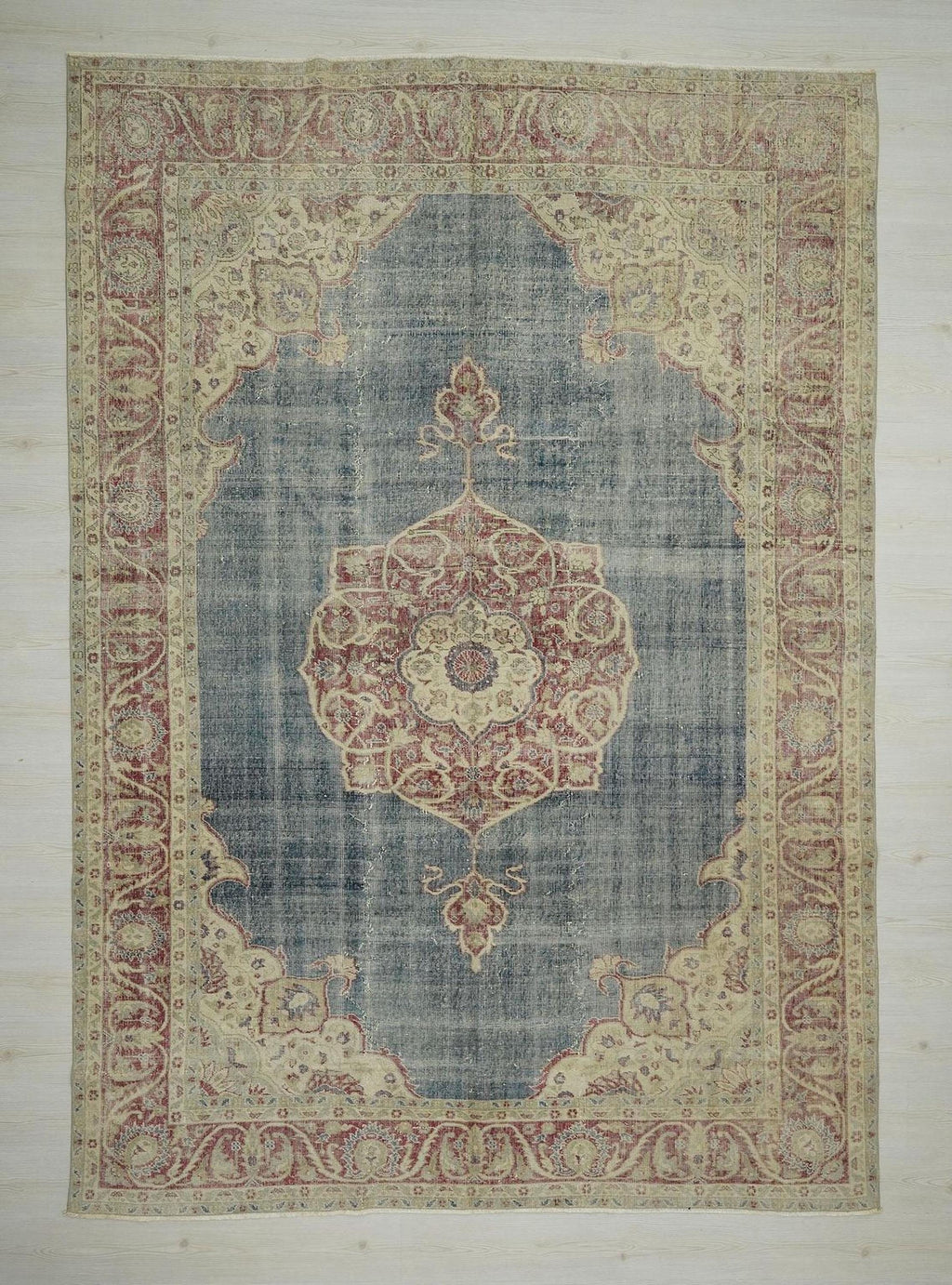 8x11 Handmade Wool Rug: Vintage Beige and Blue Mid-Century Modern Area Rugs