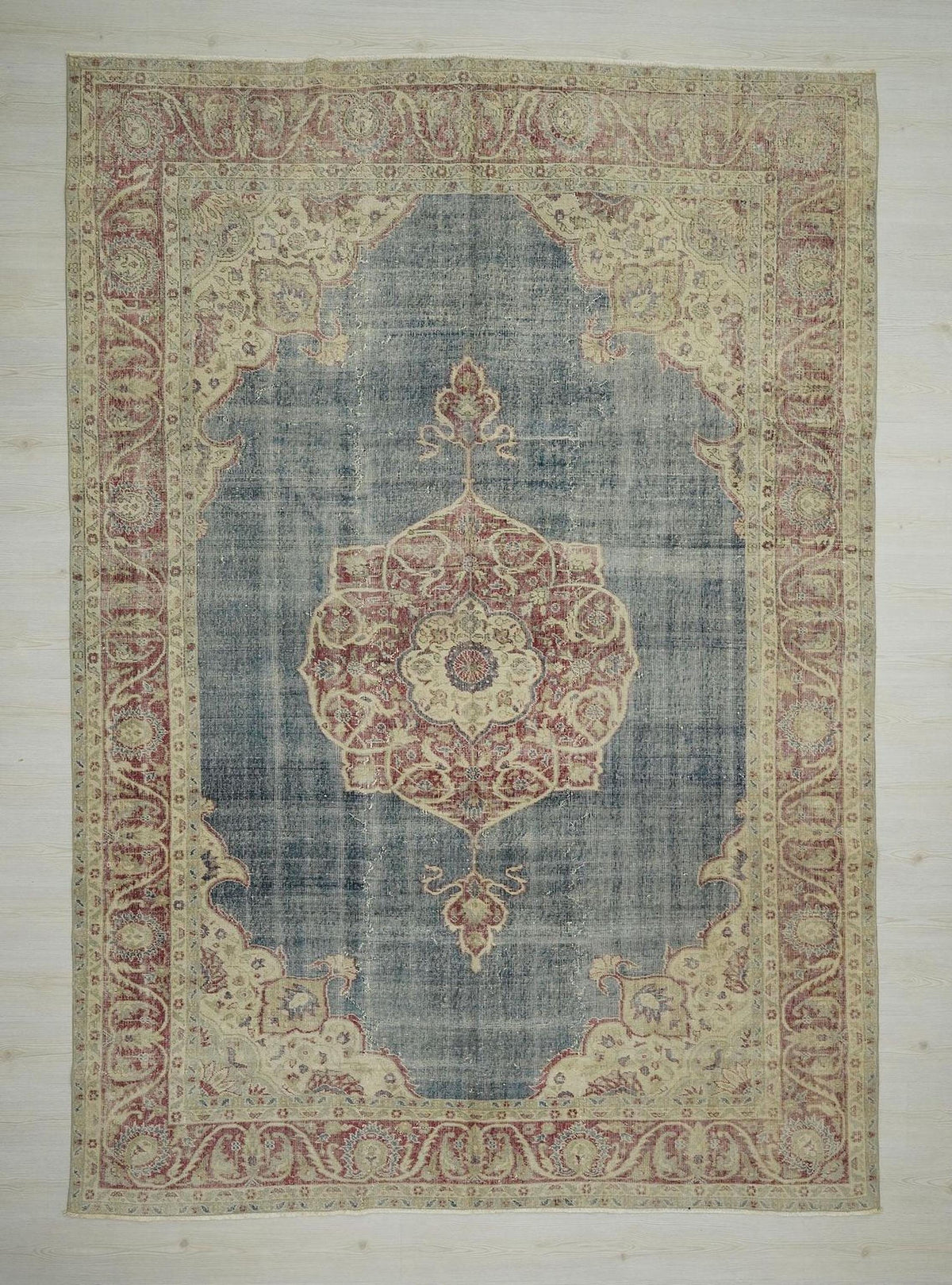 8x11 Handmade Wool Rug: Vintage Beige and Blue Mid-Century Modern Area Rugs