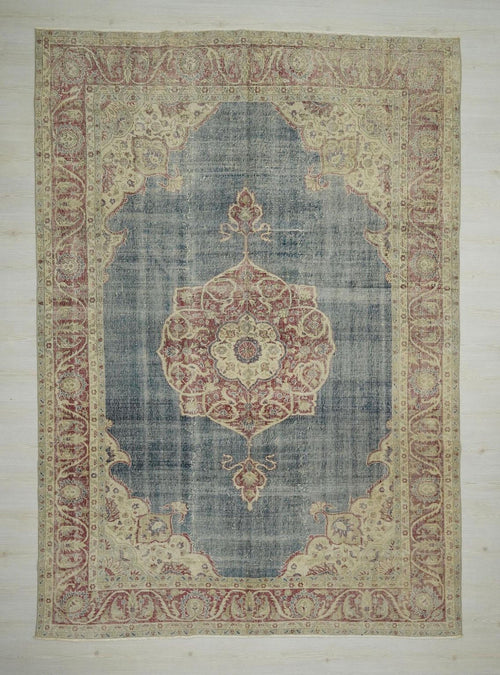 8x11 Handmade Wool Rug: Vintage Beige and Blue Mid-Century Modern Area Rugs