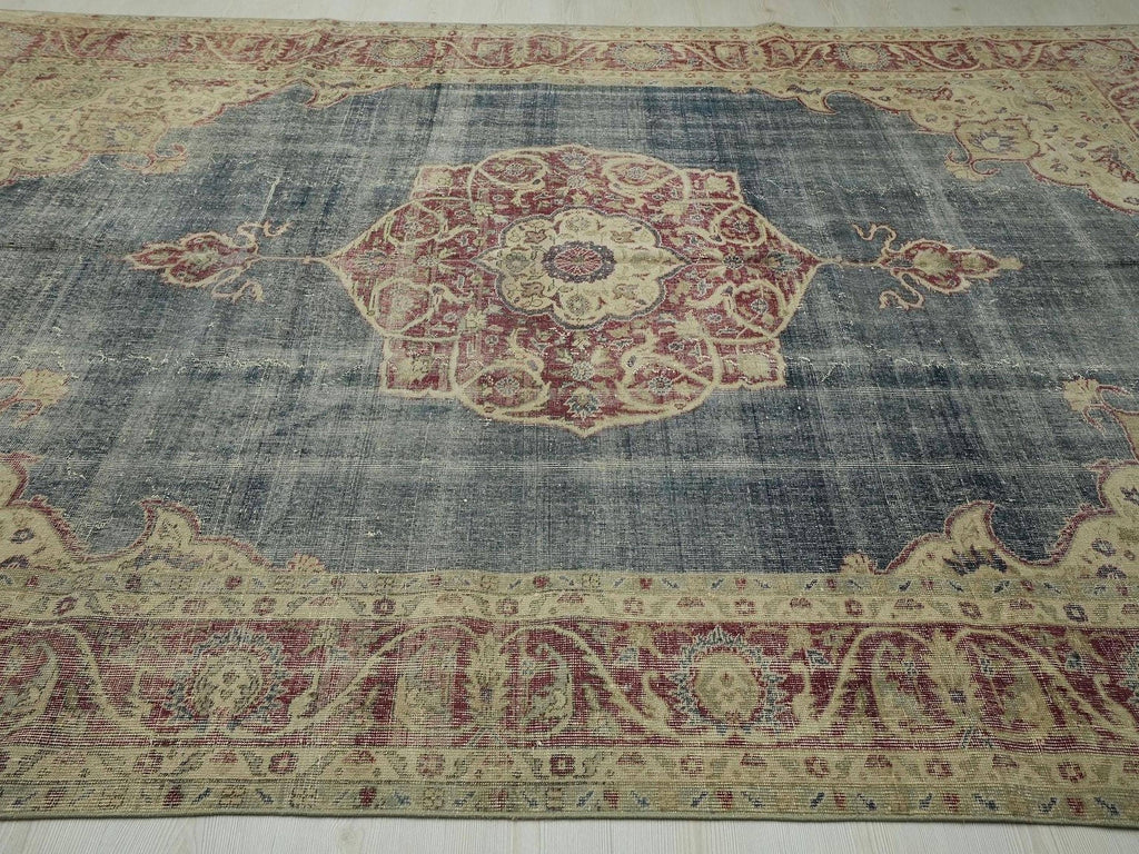 8x11 Handmade Wool Rug: Vintage Beige and Blue Mid-Century Modern Area Rugs