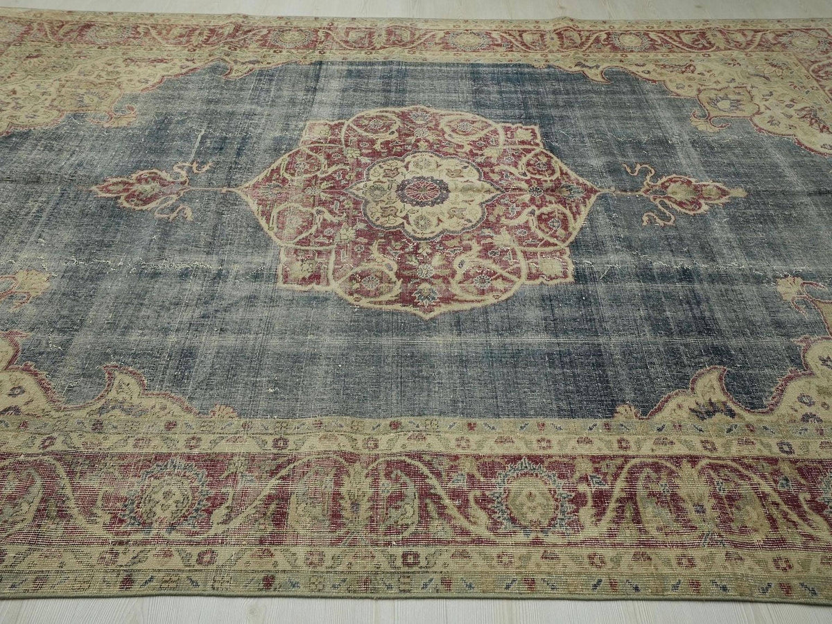 8x11 Handmade Wool Rug: Vintage Beige and Blue Mid-Century Modern Area Rugs