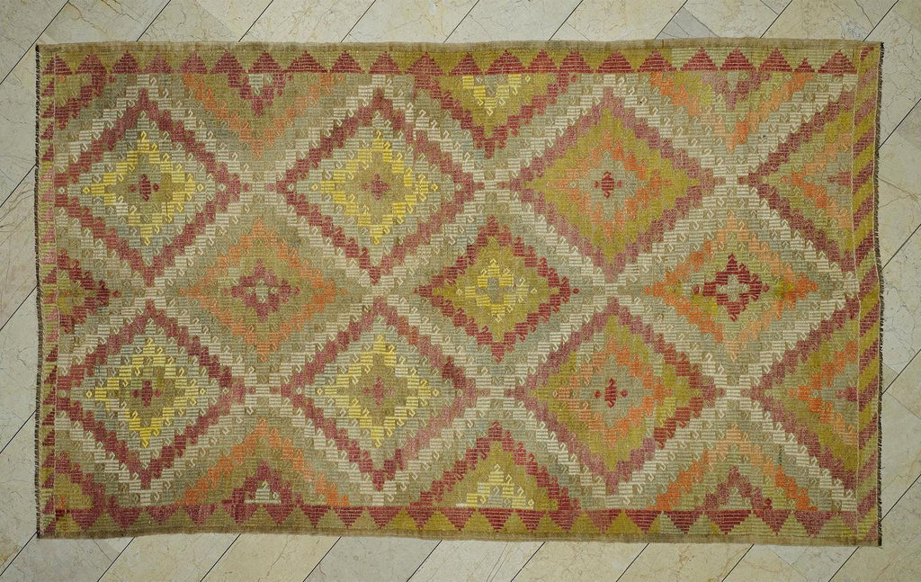 Embroidered Old Turkish Kilim Rug: Mid-Century Modern Home Living Decor Rugs, 6.3x10.5 Ft.