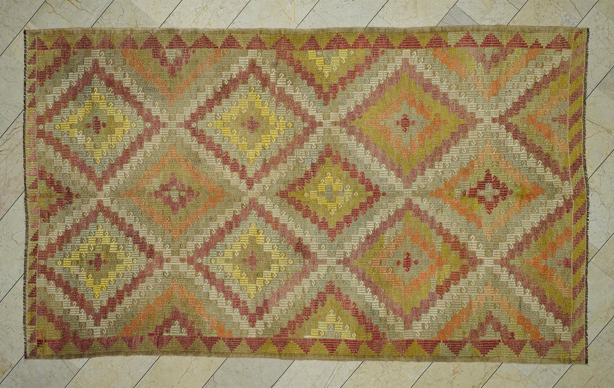 Embroidered Old Turkish Kilim Rug: Mid-Century Modern Home Living Decor Rugs, 6.3x10.5 Ft.