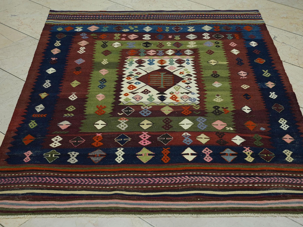 Antique Turkish Wool Soumak Kilim Rug: 3.9"x5.3" Hand-Embroidered Wall Decor Rugs
