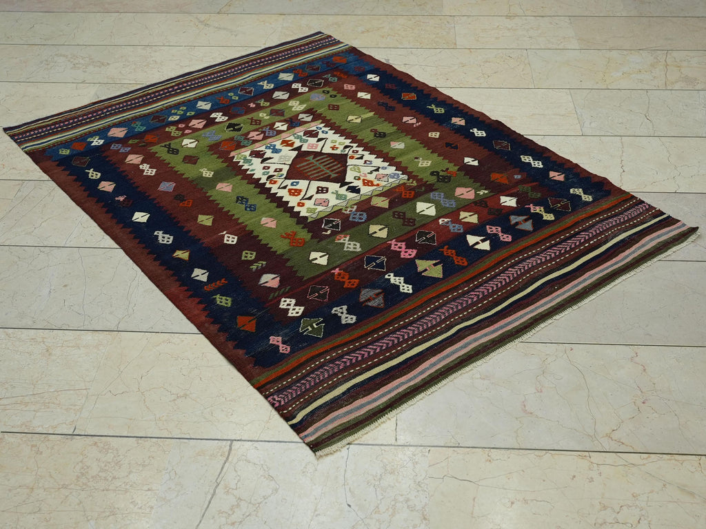 Antique Turkish Wool Soumak Kilim Rug: 3.9"x5.3" Hand-Embroidered Wall Decor Rugs
