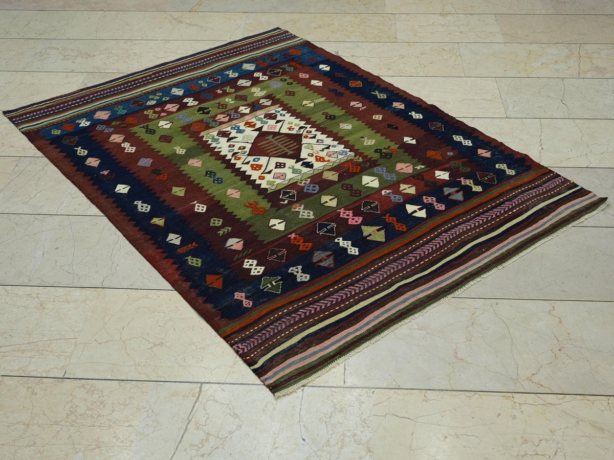 Antique Turkish Wool Soumak Kilim Rug: 3.9"x5.3" Hand-Embroidered Wall Decor Rugs