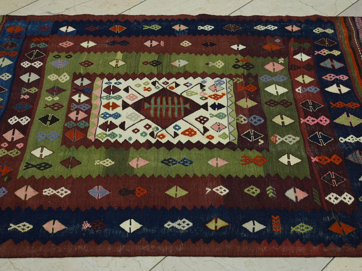 Antique Turkish Wool Soumak Kilim Rug: 3.9"x5.3" Hand-Embroidered Wall Decor Rugs