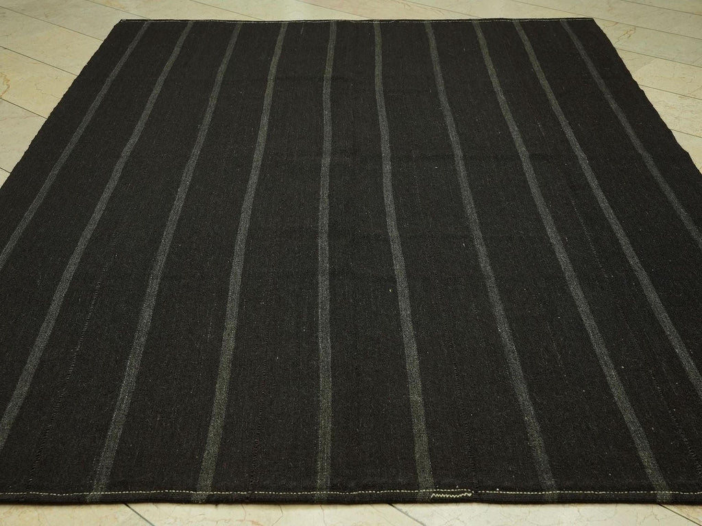 1960s Turkish Kilim Rug: Dark Brown Goat Hair, Minimalist Stripe Rugs,6.7x9 Feet.