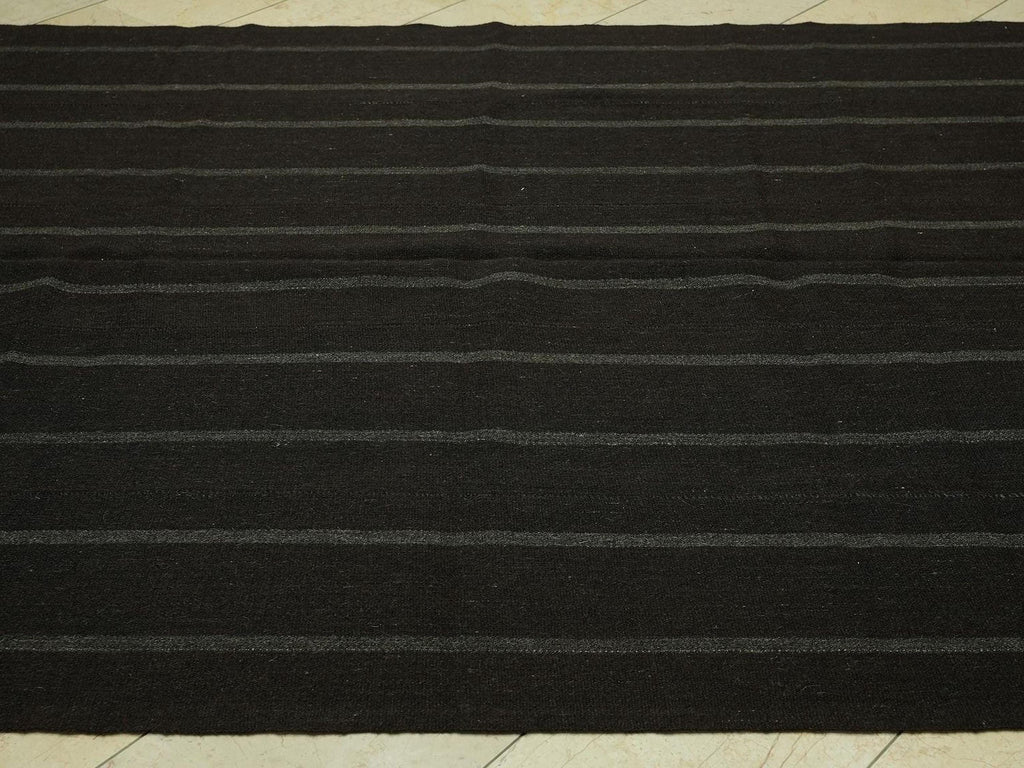 1960s Turkish Kilim Rug: Dark Brown Goat Hair, Minimalist Stripe Rugs,6.7x9 Feet.