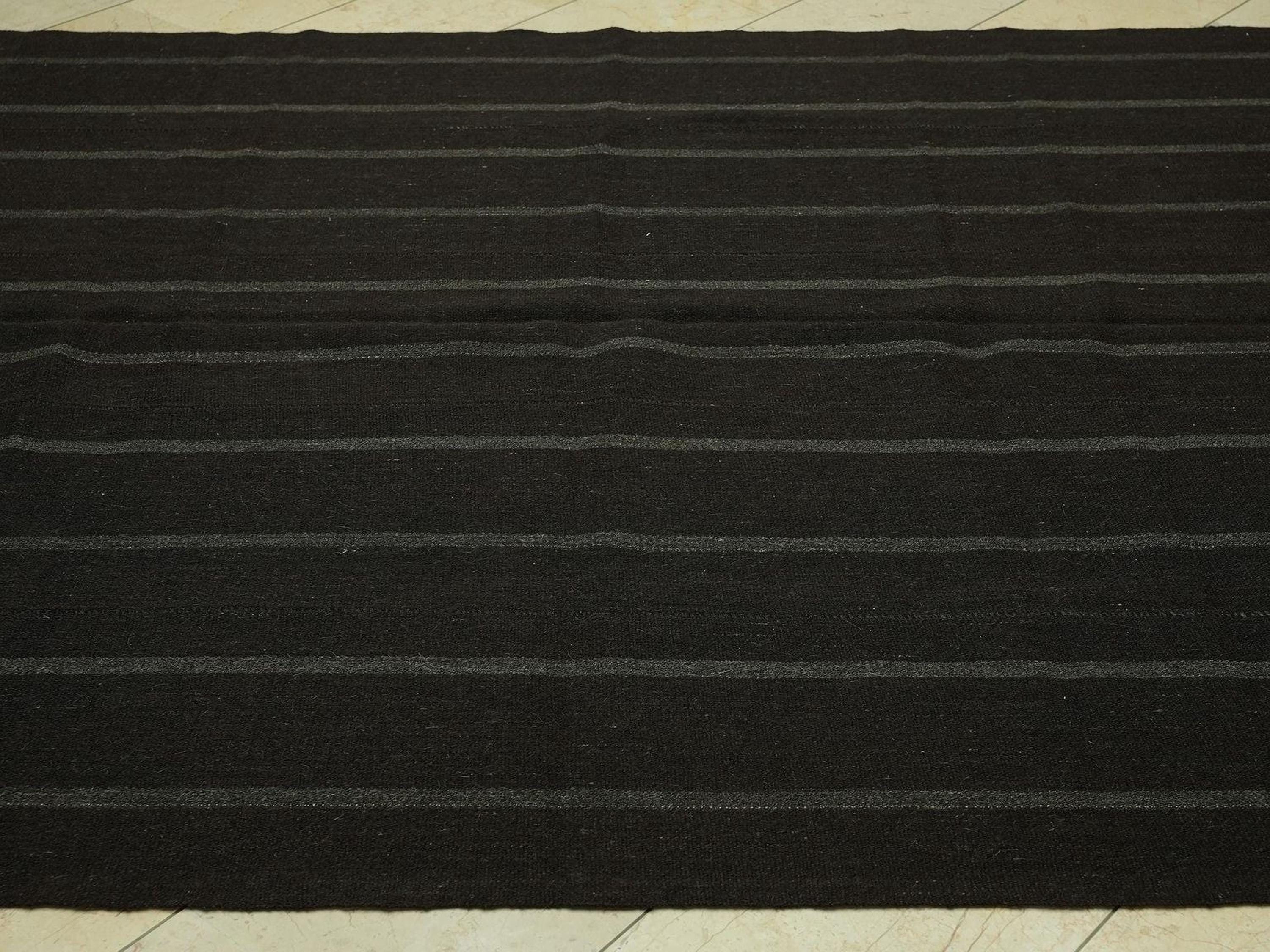 1960s Turkish Kilim Rug: Dark Brown Goat Hair, Minimalist Stripe Rugs,6.7x9 Feet.