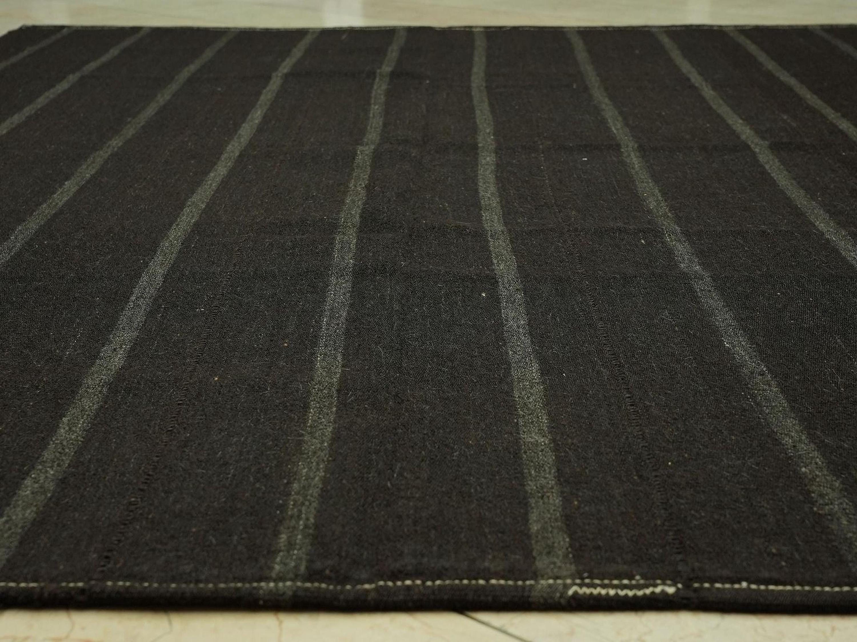 1960s Turkish Kilim Rug: Dark Brown Goat Hair, Minimalist Stripe Rugs,6.7x9 Feet.