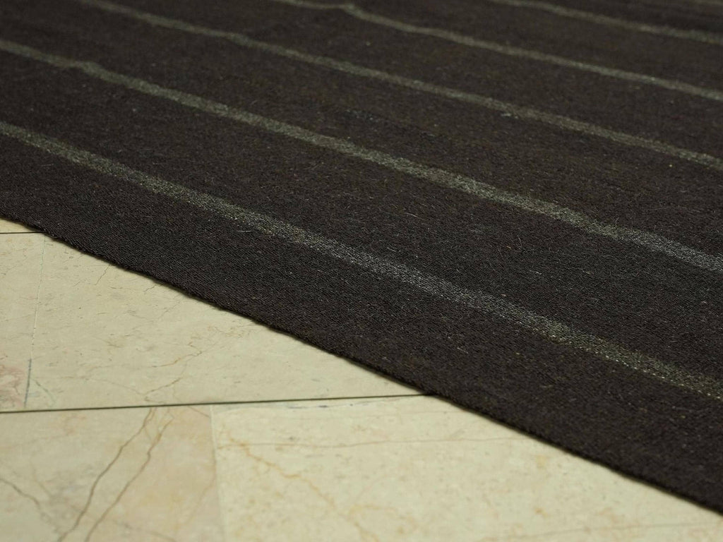 1960s Turkish Kilim Rug: Dark Brown Goat Hair, Minimalist Stripe Rugs,6.7x9 Feet.