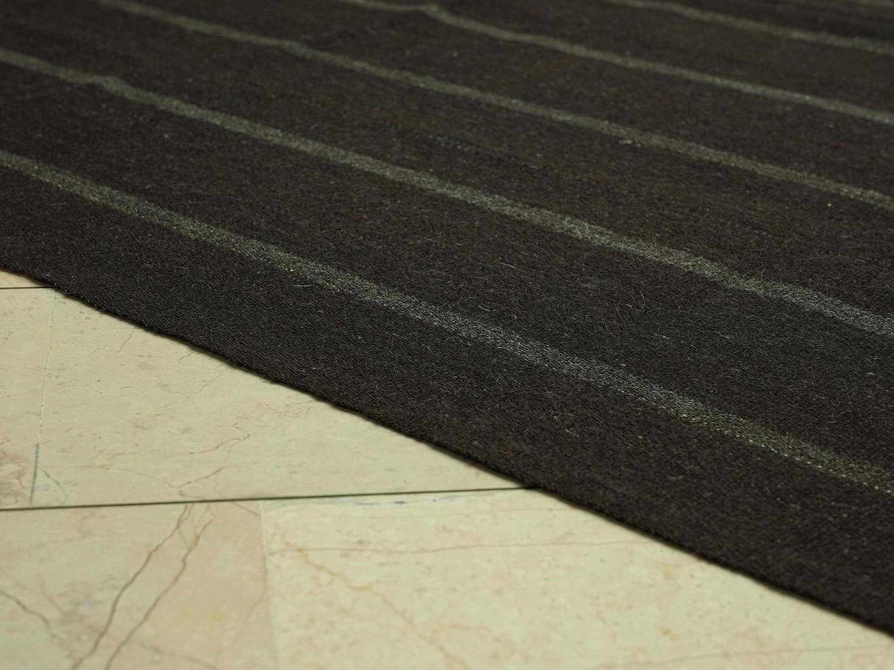 1960s Turkish Kilim Rug: Dark Brown Goat Hair, Minimalist Stripe Rugs,6.7x9 Feet.