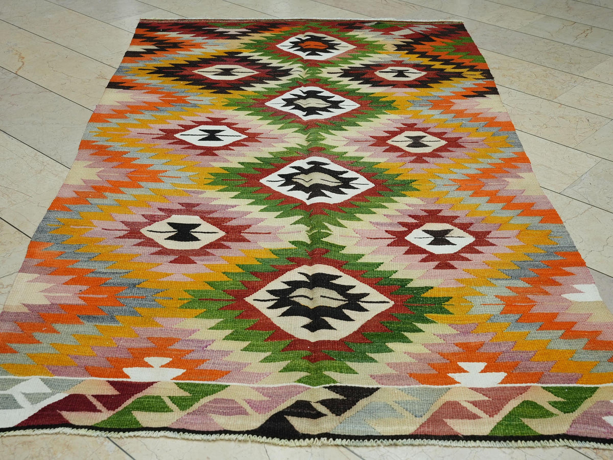 Multi Bright Color Turkish Kilim Rug: 4.9x8.5"Feet,Vintage Flat Woven Anatolian Rugs.