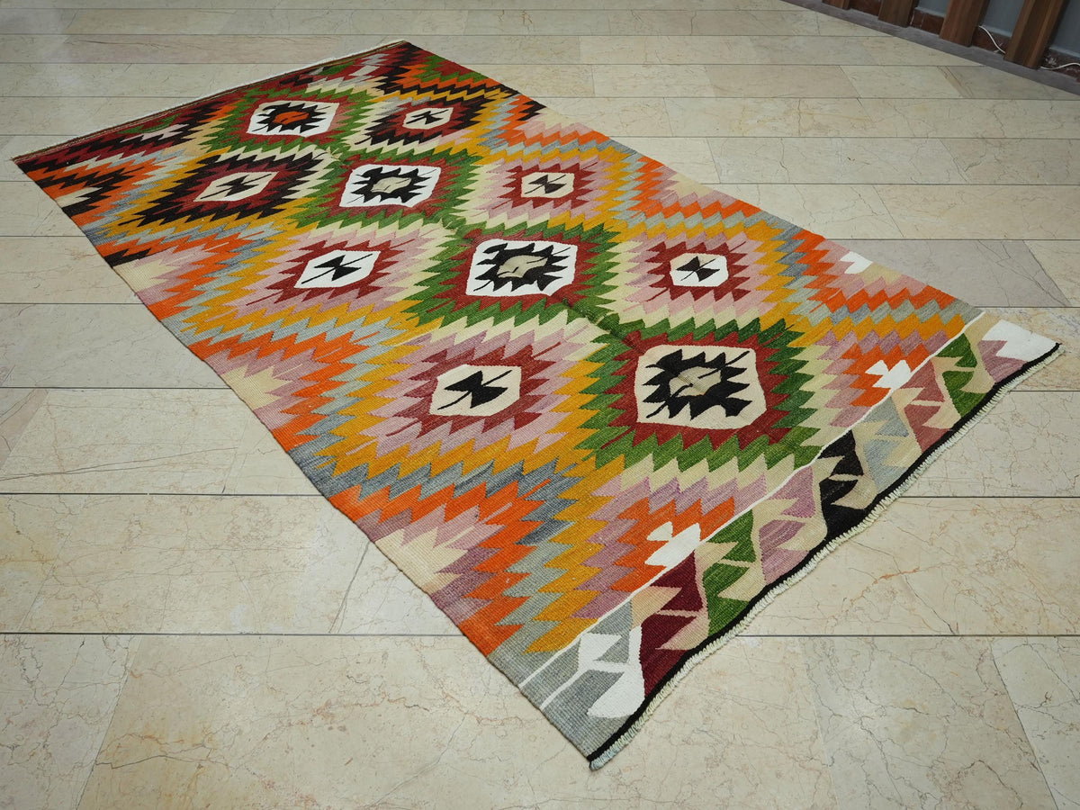 Multi Bright Color Turkish Kilim Rug: 4.9x8.5"Feet,Vintage Flat Woven Anatolian Rugs.
