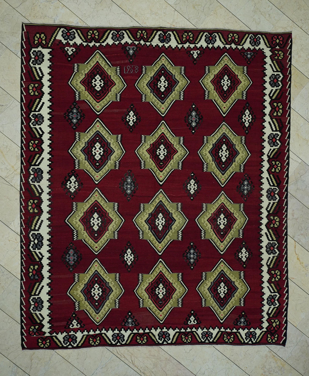 Red Color Flat Weave Turkish Large Kilim Rug: 8x9.4 Wool Handwoven Area Rugs.