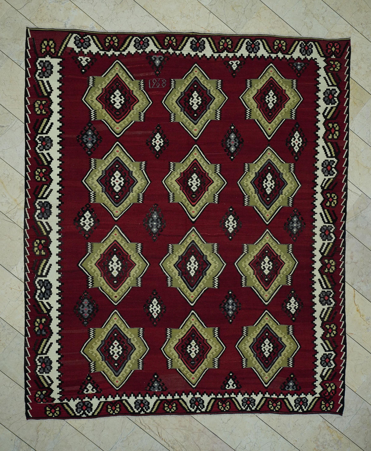 Red Color Flat Weave Turkish Large Kilim Rug: 8x9.4 Wool Handwoven Area Rugs.