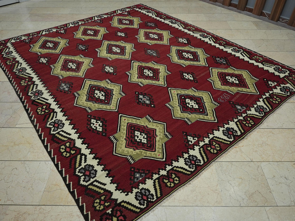 Red Color Flat Weave Turkish Large Kilim Rug: 8x9.4 Wool Handwoven Area Rugs.