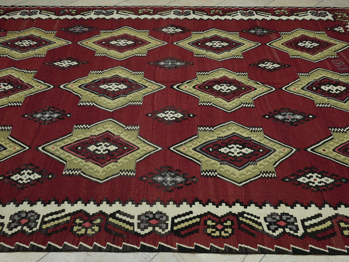 Red Color Flat Weave Turkish Large Kilim Rug: 8x9.4 Wool Handwoven Area Rugs.
