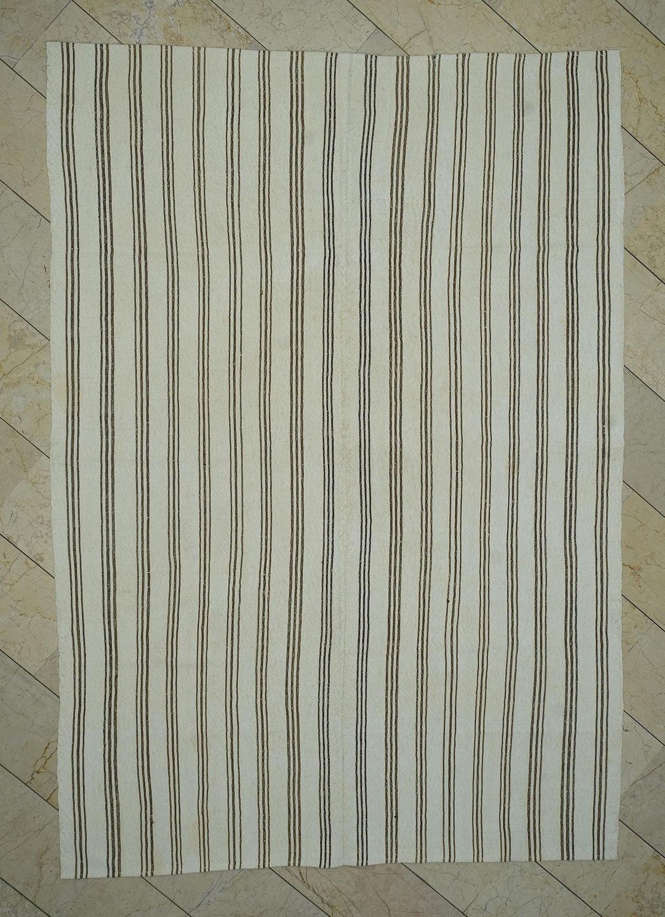 Brown Striped White Turkish Kilim Rug: 6.5"x9.3" Feet, Minimal Decor Home Living Rugs.