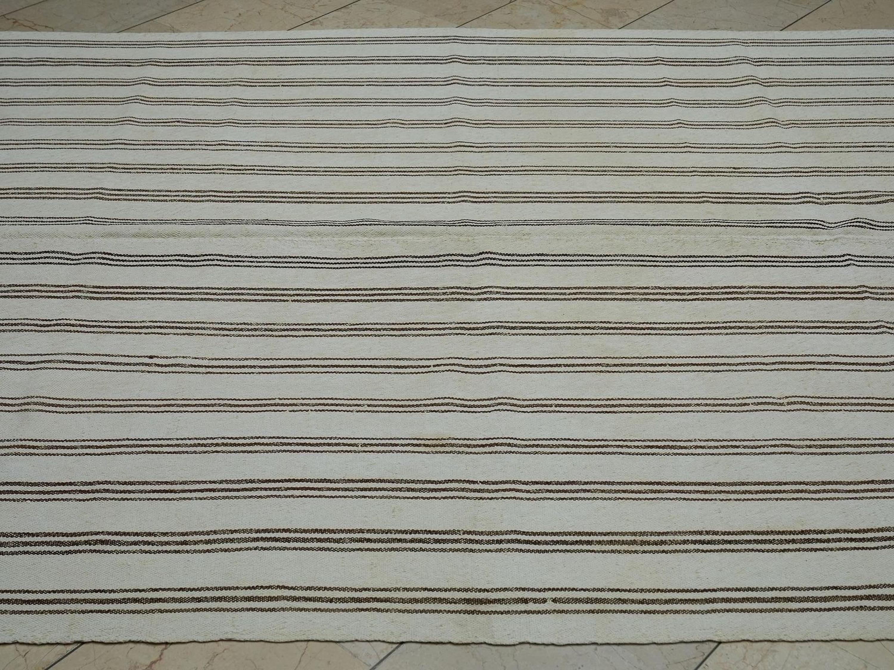 Brown Striped White Turkish Kilim Rug: 6.5"x9.3" Feet, Minimal Decor Home Living Rugs.