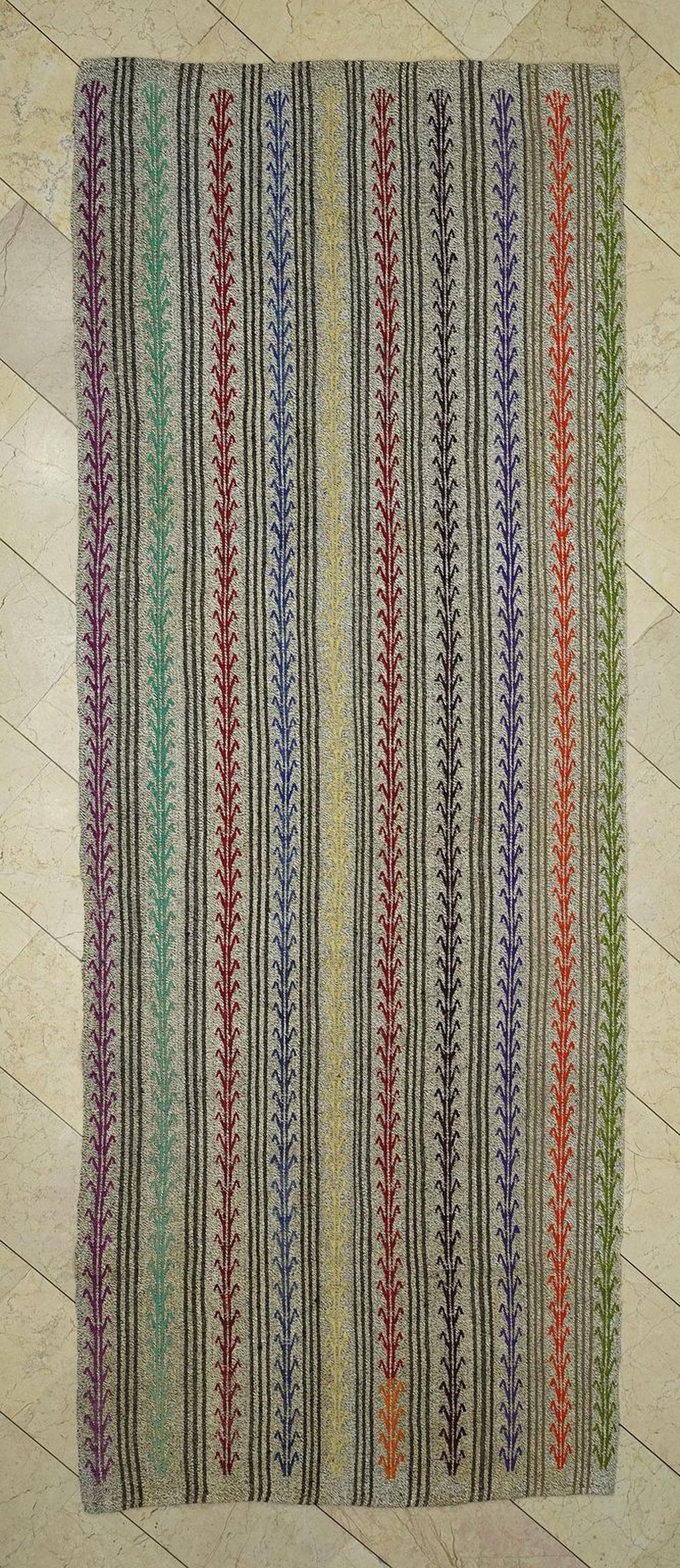 4.3x11 Embroidered Handmade Turkish Kilim Rug Runner: Multi-Color Goat Hair & Cotton Rugs.