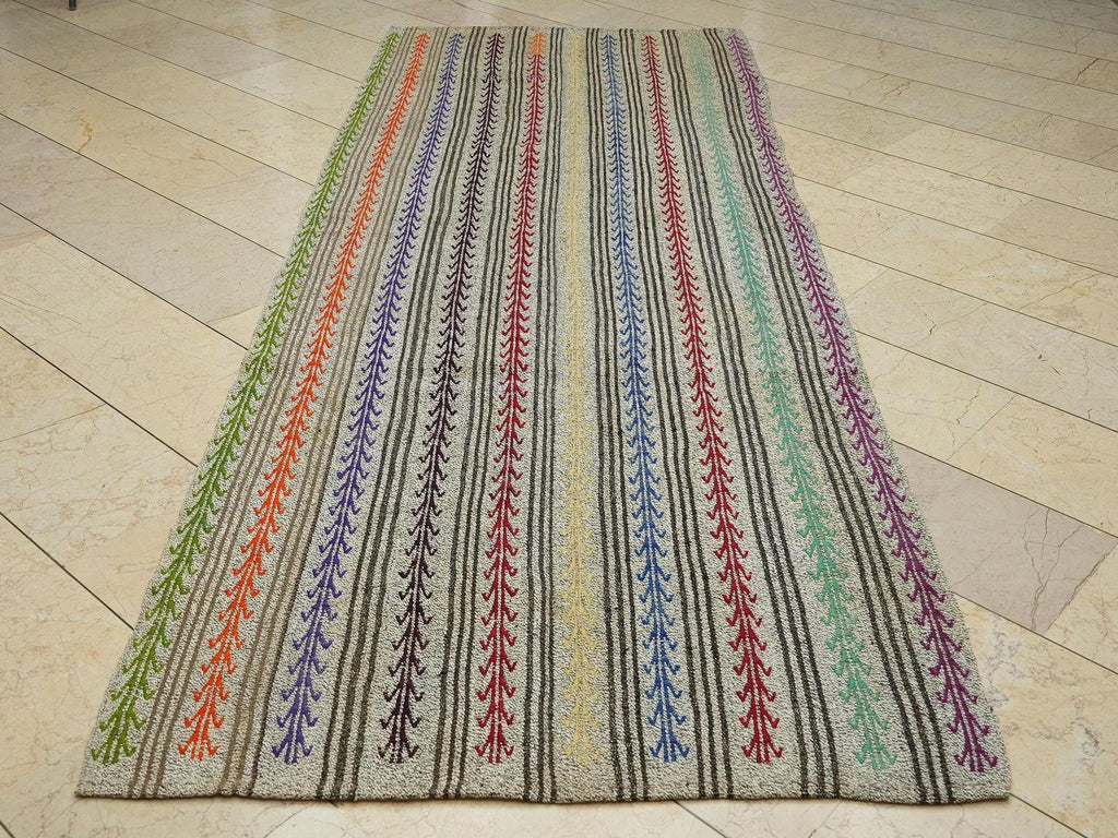 4.3x11 Embroidered Handmade Turkish Kilim Rug Runner: Multi-Color Goat Hair & Cotton Rugs.
