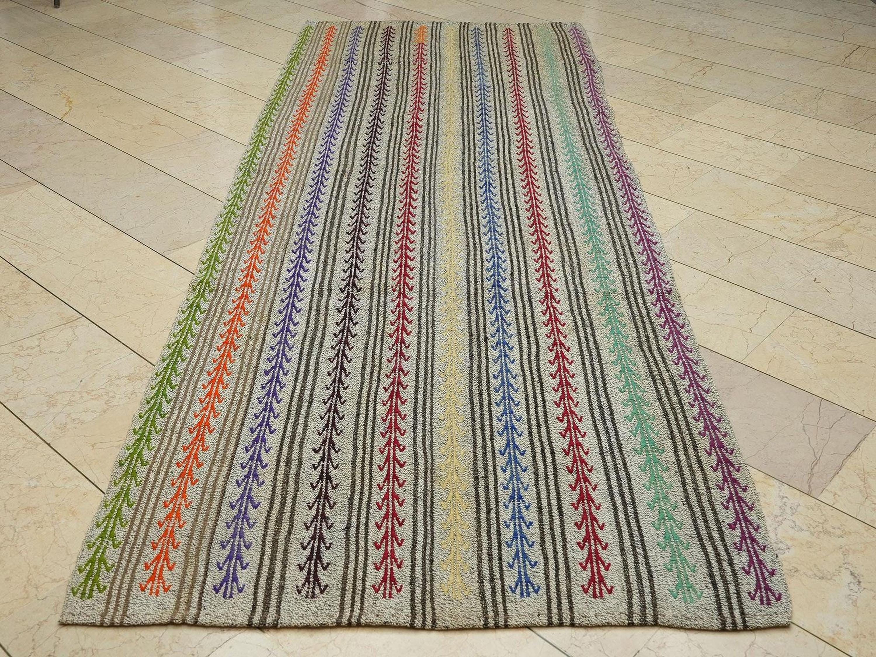 4.3x11 Embroidered Handmade Turkish Kilim Rug Runner: Multi-Color Goat Hair & Cotton Rugs.