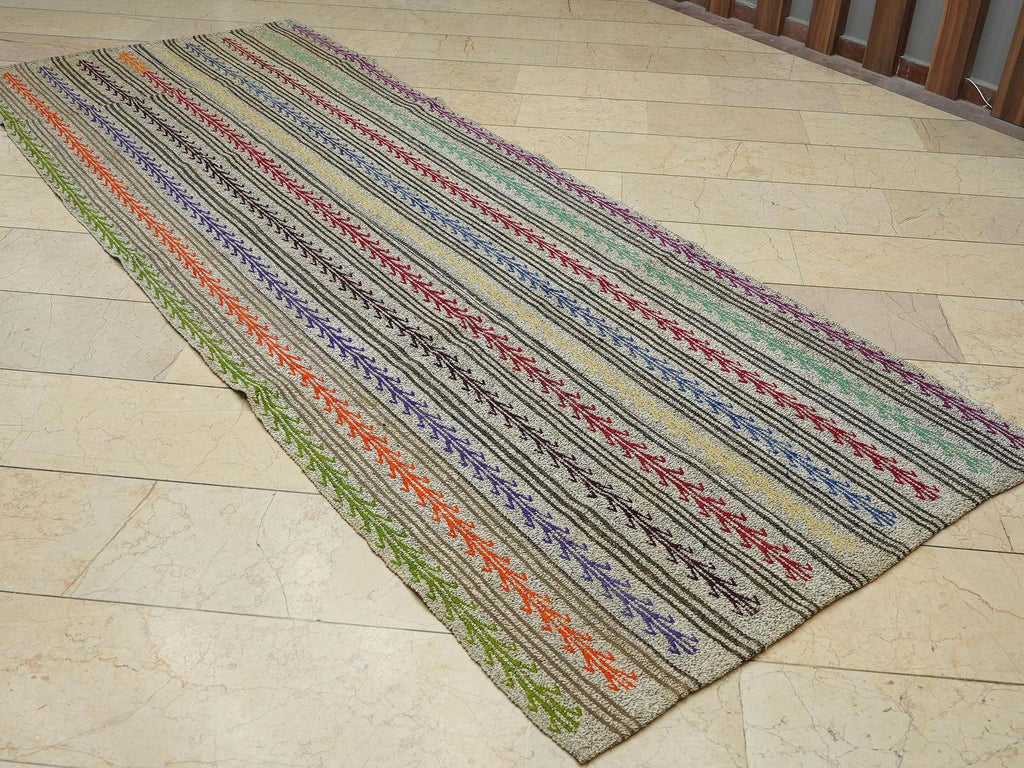 4.3x11 Embroidered Handmade Turkish Kilim Rug Runner: Multi-Color Goat Hair & Cotton Rugs.