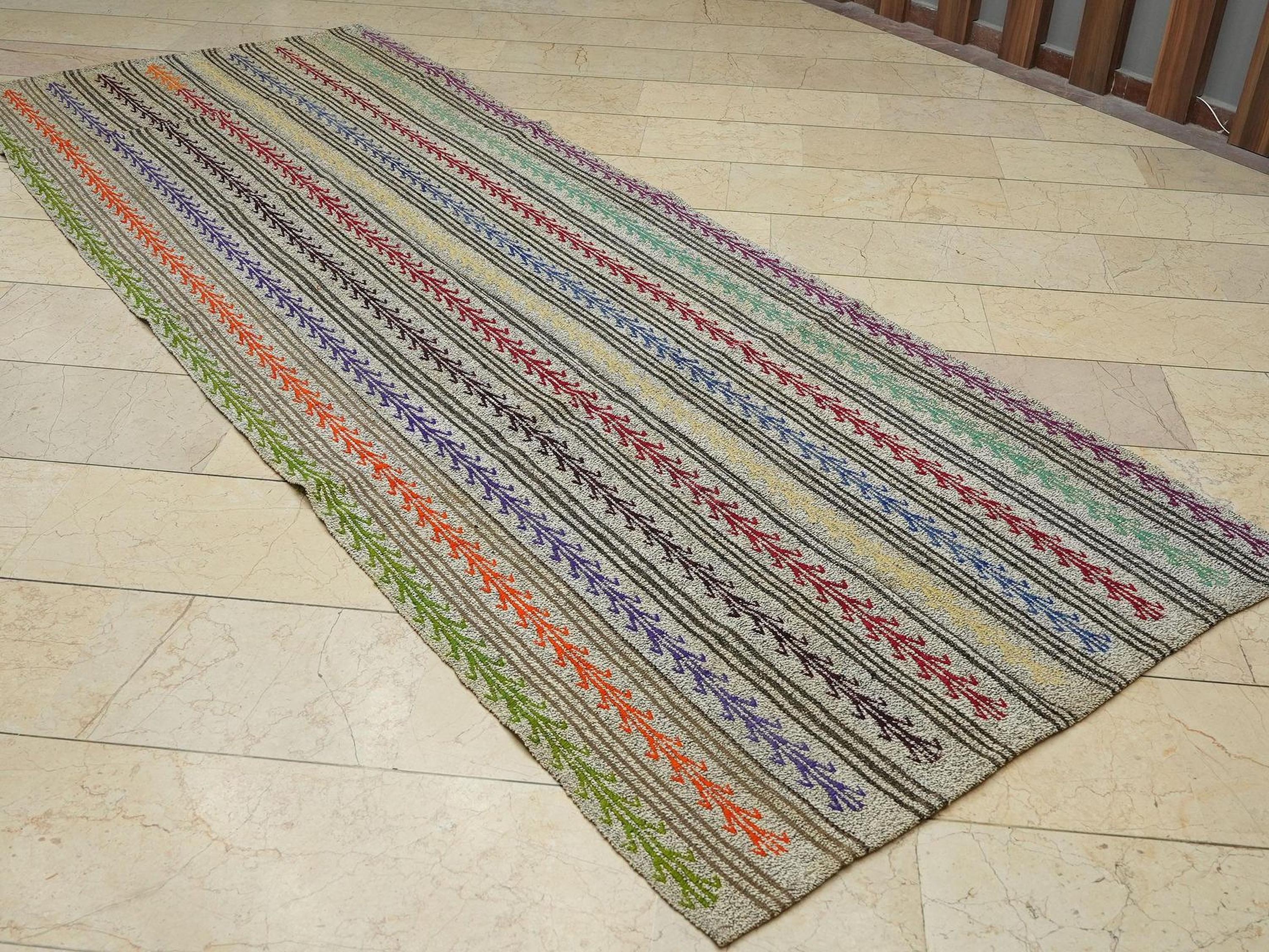 4.3x11 Embroidered Handmade Turkish Kilim Rug Runner: Multi-Color Goat Hair & Cotton Rugs.