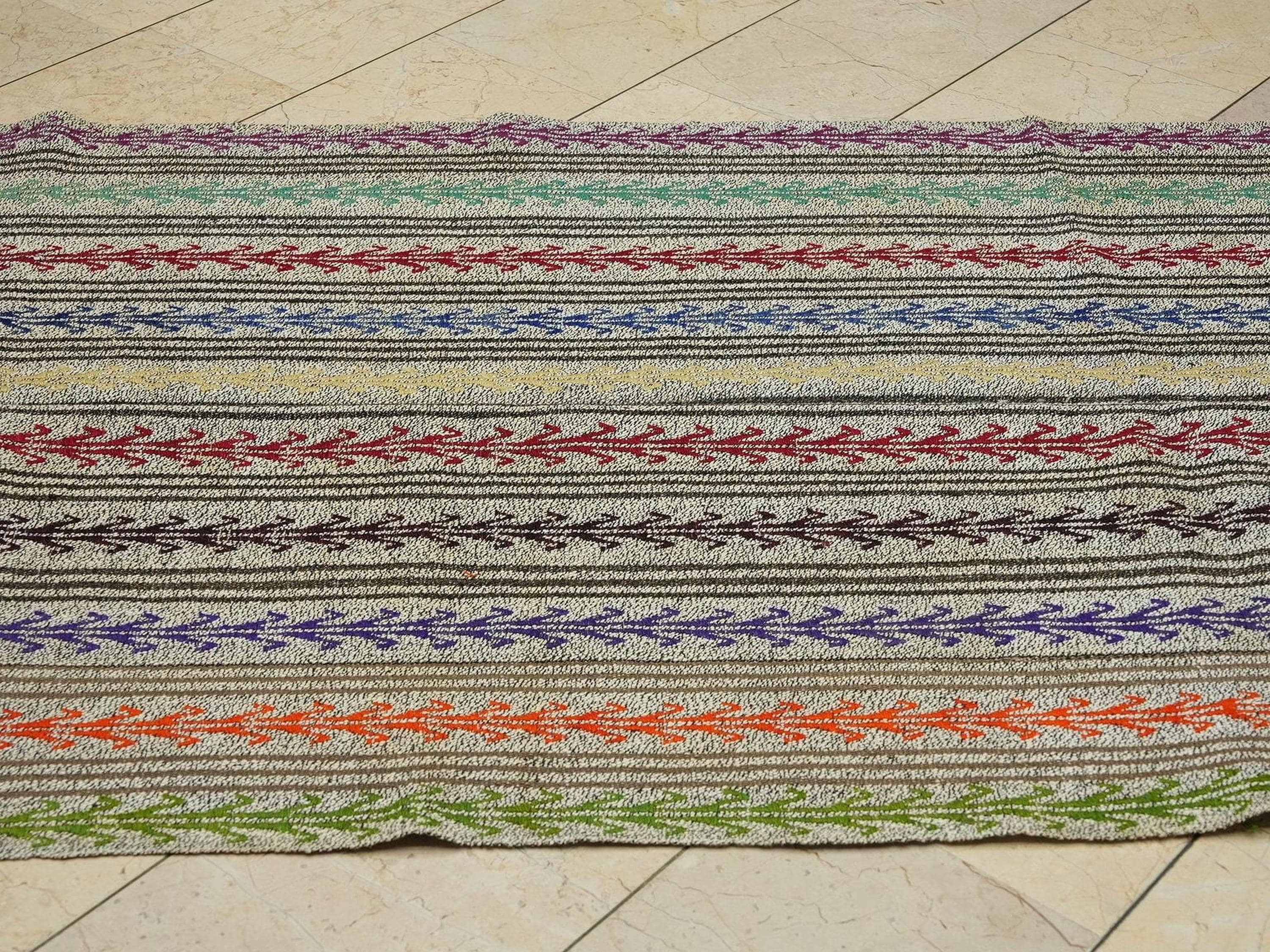 4.3x11 Embroidered Handmade Turkish Kilim Rug Runner: Multi-Color Goat Hair & Cotton Rugs.