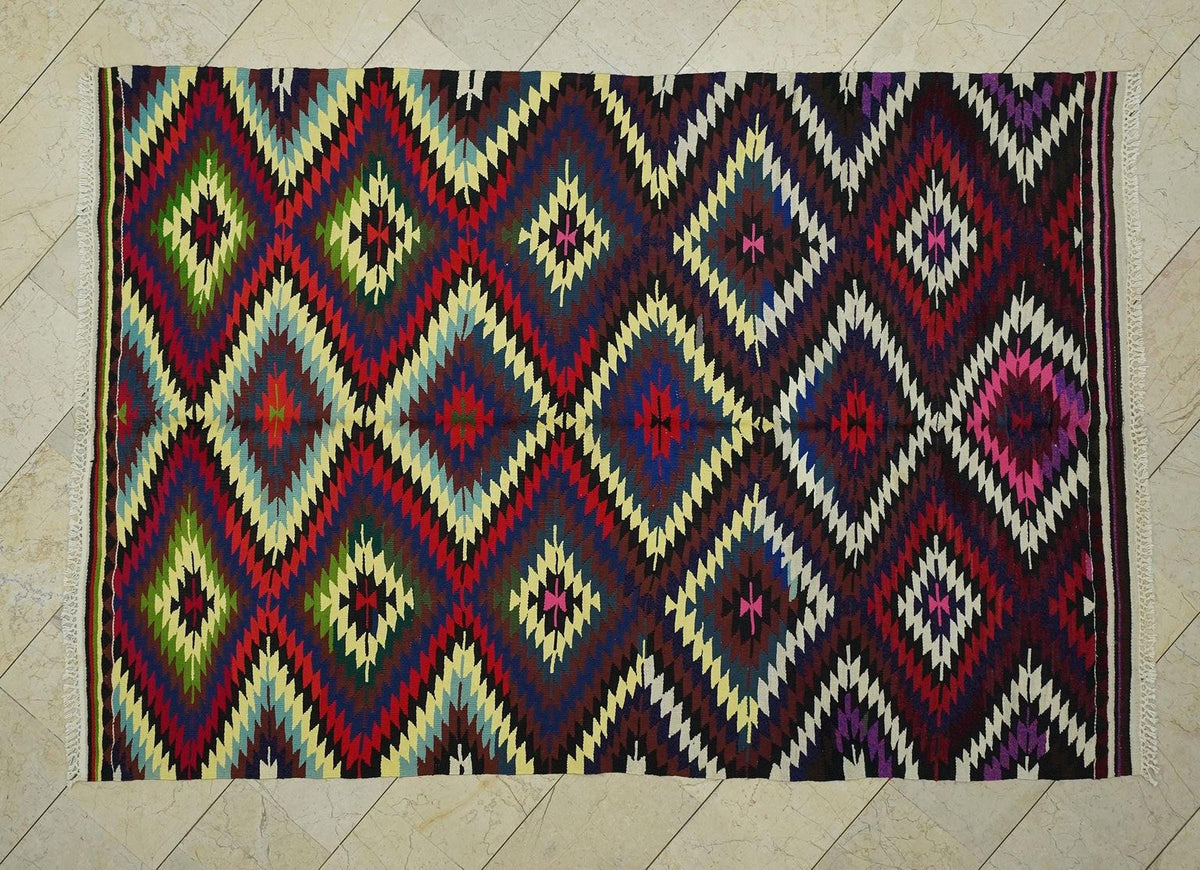 Colorful Vintage Turkish Kilim Rug: 5.8"x8.4" Handmade  Flat Weave Area Rugs.