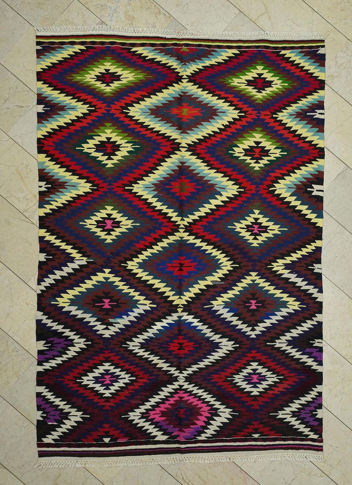 Colorful Vintage Turkish Kilim Rug: 5.8"x8.4" Handmade  Flat Weave Area Rugs.