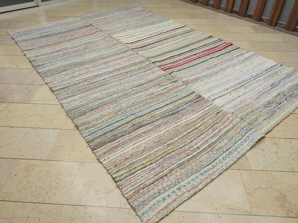 Large Flat Weave Turkish Rag Rug: 7.6"x12" Feet,Handwoven Kilim Rugs.