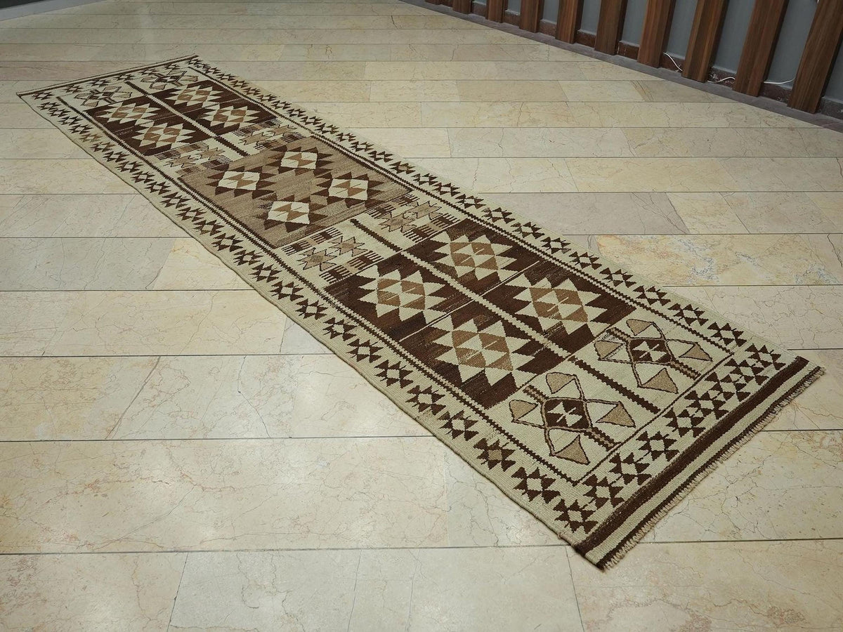 Vintage Turkish Kilim Rug Runner: Brown Cream Wool, 3"x11.3" Feet