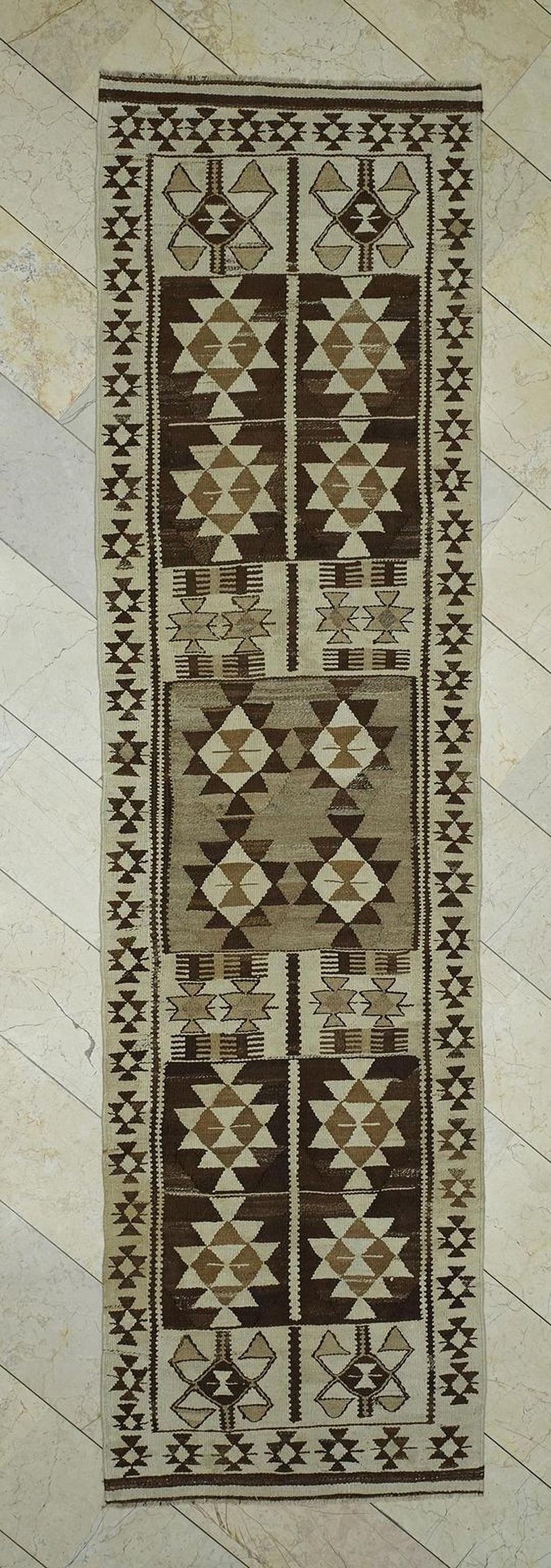 Vintage Turkish Kilim Rug Runner: Brown Cream Wool, 3"x11.3" Feet